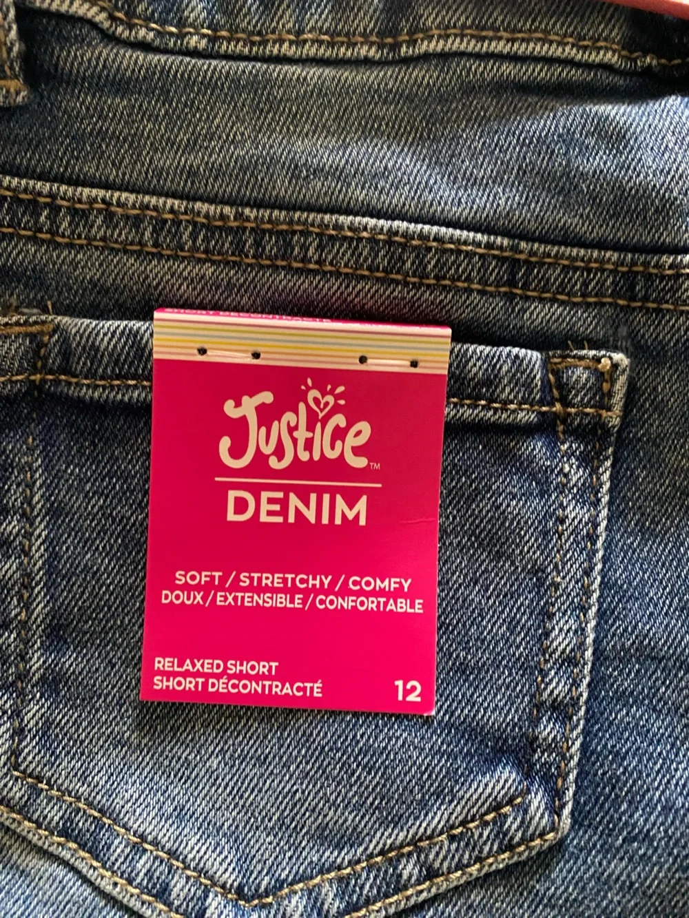 Justice Blue Distressed Denim Bermuda Shorts with Pink-Striped Belt